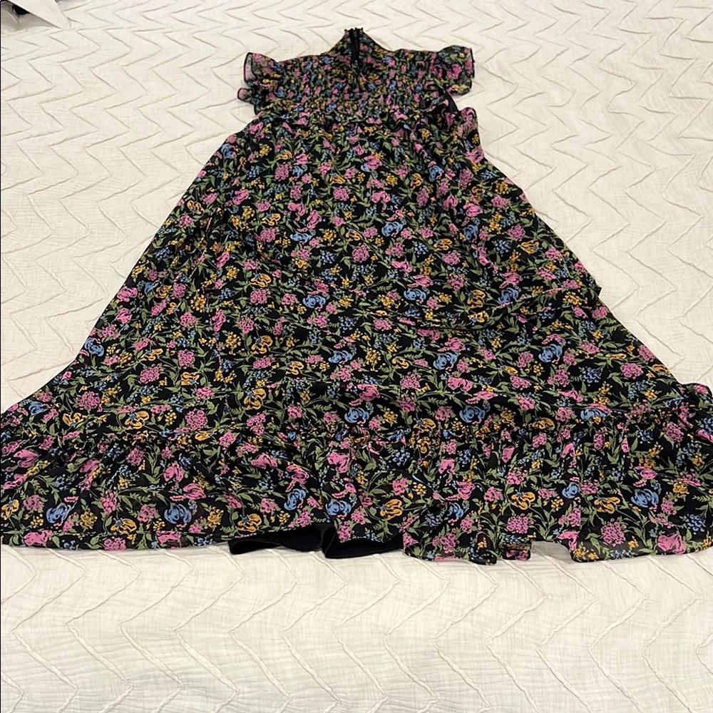 Likely Black and Pink Midi Sundress with Smocked Bodice and Flutter Sleeves
